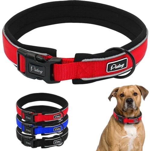 Adjustable Comfort Thick Padded Nylon Dog Collar Reflective For Small Medium Large Breeds Blue Red Black S M L XL