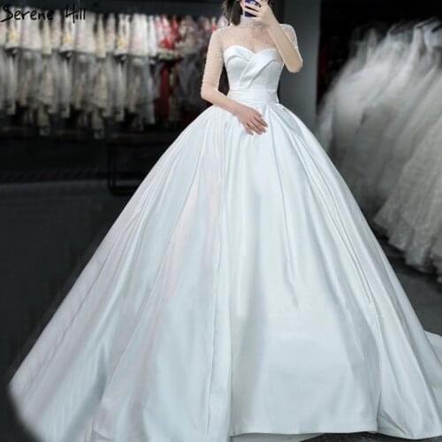 Serene Hill Satin White Long Sleeves Wedding Dresses 2020 High-end Beading Pearls Sexy Bridal Gowns HA2422 Custom Made