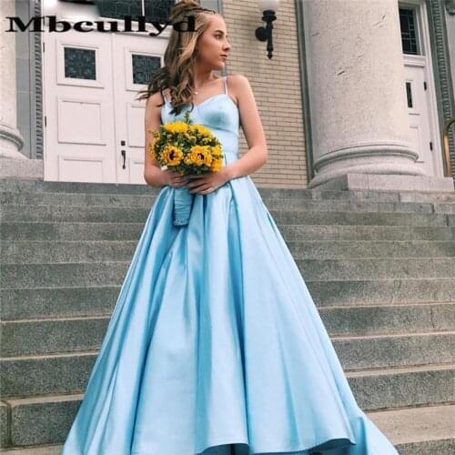 Mbcullyd Chic Light Blue Prom Dresses Long Spaghetti Straps A-Line Formal Party Dress Evening Gowns Backless Vestidos De Gala