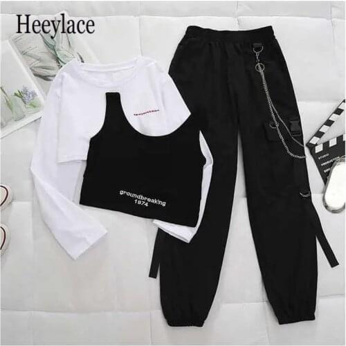 Sports casual suit womens loose Harem Pants high waist slim short long sleeve T-shirt suit vintage punk jersey streetwear