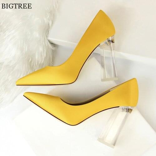 12 Colors Women Sexy Transparent Crystal Heel Pumps Wedding Silk High Heels Female Office Shoes Pointed Toe Party Ladies Shoes