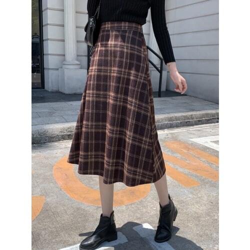 TIGENA Vintage Pladi Long Skirt Women with Lined 2021 Autumn Winter Korean A Line High Waist Mid-length Woolen Skirt Female