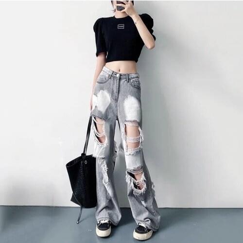 Women Jeans 2021 Summer New Style All-match Thin Section Large Size High Waist Slim Beggar Pants Loose Ripped Straight-leg Jeans