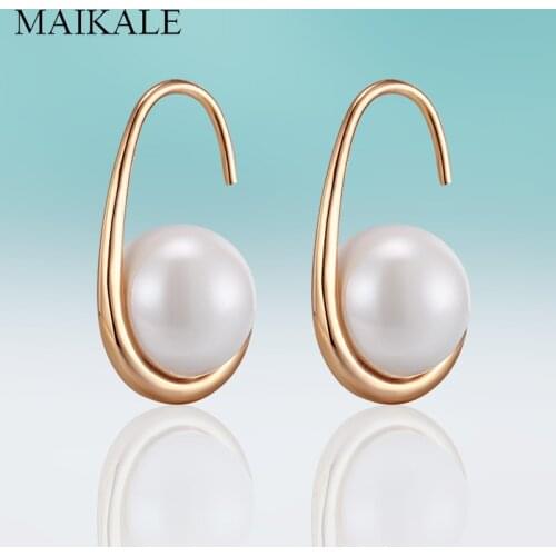 MAIKALE High Quality Simple 10MM White Pearl Gold Silver Color Hook Stud Earrings for Women Jewelry Charm Daily Party Gifts