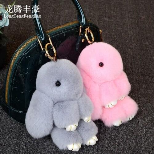 18CM Cute Pluff Bunny Keychain Rex faux Genuine Rabbit Fur Key Chain For Women Bag Toy Doll Fluffy Pom Pom Lovely Pompom Keyring