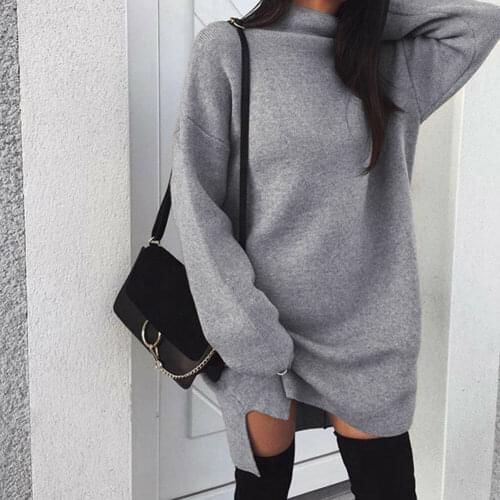 Autumn New Fashion Women Pure Color Baggy Long Sweater Mini Dress Casual Ladies Long Sleeve High Neck Jumper Winter Pullover Top
