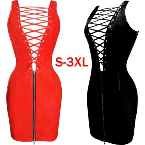 Wet Look Women PVC Leather Dress Sexy Plunge Neck Lacing Zipper Bodycon Dress Sleeveless Bondage Sheath Party Vestidos