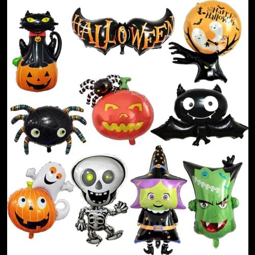 10pcs/lot Mini Size Cartoon Halloween Pumpkin Spider Bat Happy Halloween Day Foil Air Balloons Party Decoration Kids Toys