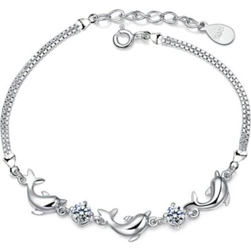 100% 925 sterling silver fashion dolphin design shiny crystal ladies'bracelets women jewelry wholeslae drop shipping gift