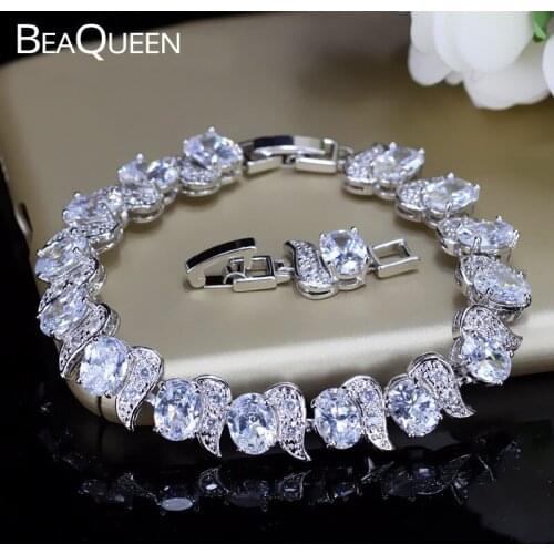 BeaQueen Shining Oval Round Cubic Zirconia Paved Crystal Charm Bracelets for Women Wedding Party Jewelry Accessories B010