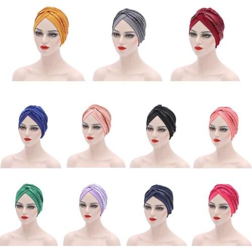 Women Sequins Turban Hijab Solid Bandana Sleep Cap Headwear Beanie Indian Pleated Hat Chemo Cancer Bonnet Hijab Wrap Headscarf