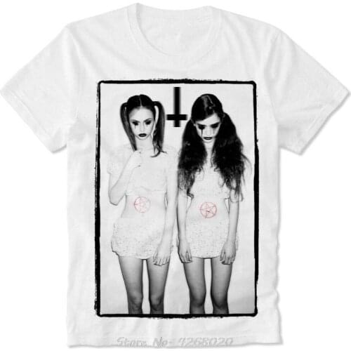 T Shirt Sexy Satanic Girls Antion Lavey Satan Church Inverted Cross Porn New Funny Print T Shirt Men Hot Brand Clothing