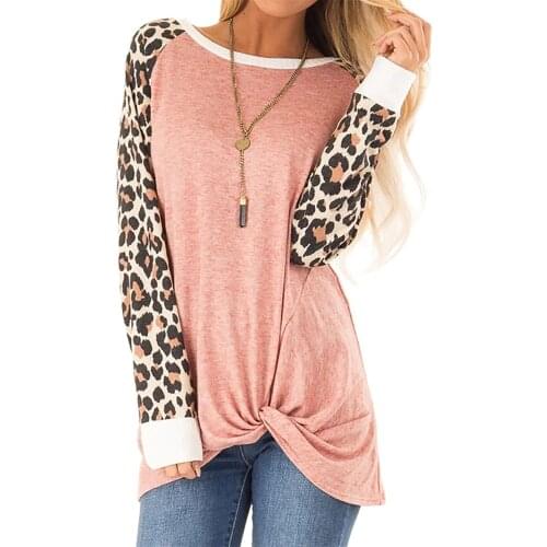 Leopard Print Long Sleeve T Shirt Women Casual Twist Knot Blusas Tops Round Neck Color Block Harajuku Top Female Tees Shirt D30