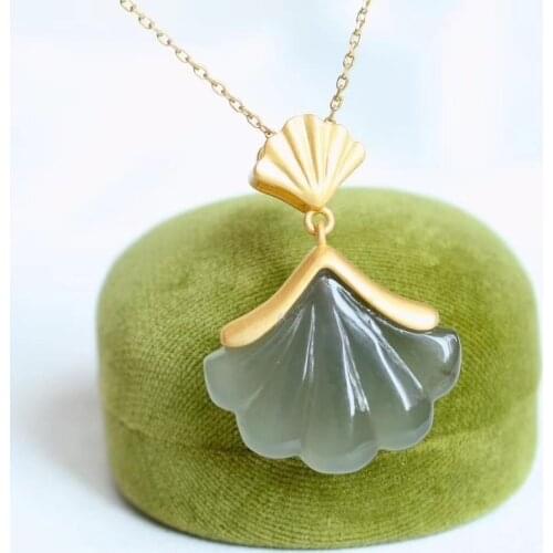 Natural Hetian Jade Gray Jade Pendant Shell Fan-Shaped Apricot Leaf Pendant Necklace S925 Sterling Silver Retro Simple Jewelry