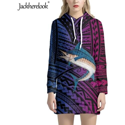 Jackherelook Polynesian Tattoo African Tribal Pacific Tuna Design Women Hoodies Sweatshirts Long Sleeve Drawstring Pocket Dress