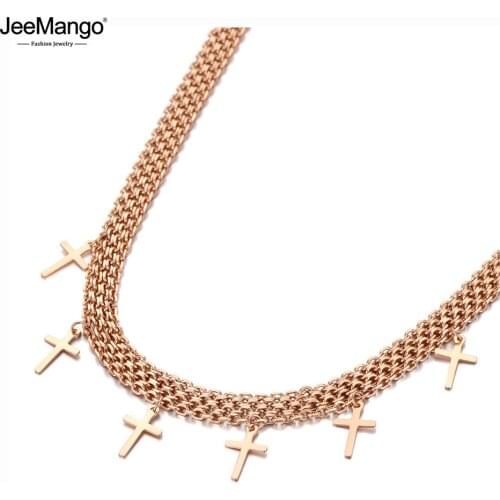 JeeMango Titanium Stainless Steel 6Pcs Cross Charm Pendant Necklaces Trendy Chain Choker Necklace For Women Collier JN20123