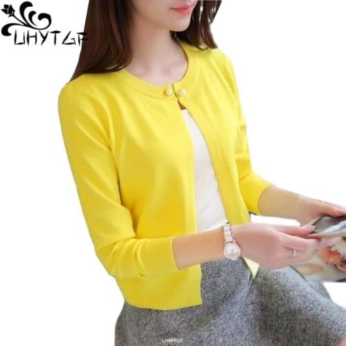 UHYTGF Cardigan For Women 2021Spring Autumn Sweater Coat Solid Knit Shawl Thin Sun Protection Clothing Short Plus Size Tops 1717