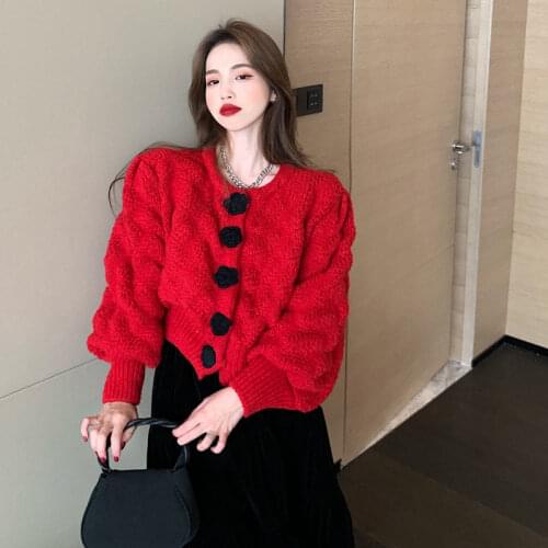 Korobov Korean Sweet O Neck Flower Button Knitted Long Sleeve Cardigans 2021 Autumn New Chic Vintage Red Sweaters Outwear Tops