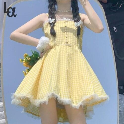 Summer Kawaii Lolita Strap Dress Women Patchwork Lace Japanese Sweet Cute Mini Dress Yellow Plaid Fairy Tale Casual Dress 2021