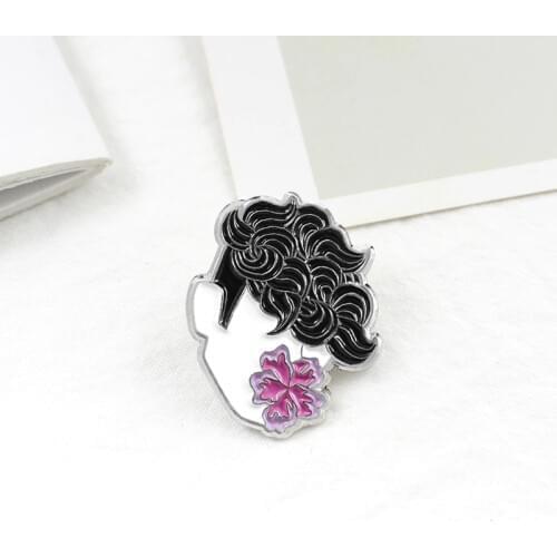 FLOWER BOY Soft Enamel Pin dark curls and a pink flower in the mouth tommyboydesign Cool enamel lapel is for all the artsy boy
