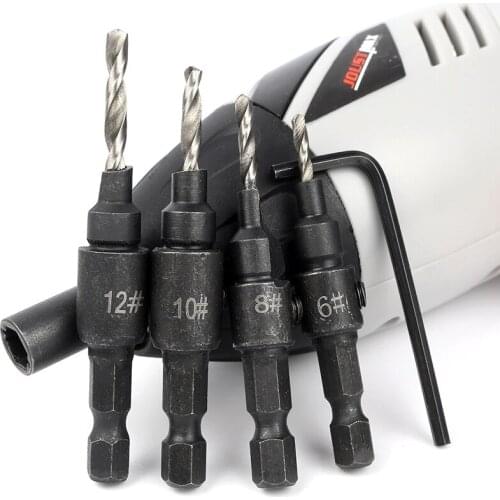 HOEN 4pcs/set Drill Bit Set Woodworking Tools #6 #10 #13 #16 Wood Drilling Carpentry Countersink