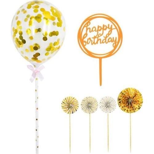 New 100set/lot Happy Birthday Cake Toppers Paper Fans Acrylic Cupcake Topper Confetti Balloon Birthday Cake Set