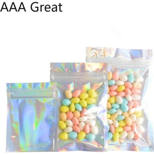100Pcs/Lot Aluminum Zip Lock Bag Food Grade Packaging Bags Aluminum Foil Bag Laser Plain Pouches Mylar Flat Candy Front Clear
