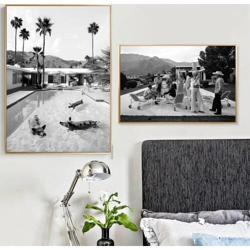 Pigs in pool Print Palm Springs Poster Black and White Photography Mid Century Vintage Wall Pictures Canvas Painting Home Decor