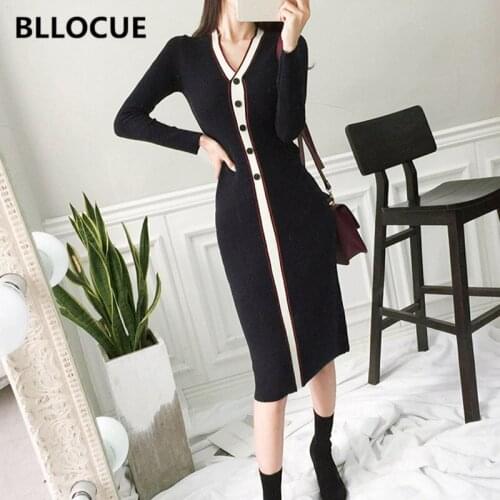 BLLOCUE Autumn Winter Women knitted Dress Korean Temperament V-neck Fashion Color Matching Button Stretch Hip Sweater Dresses