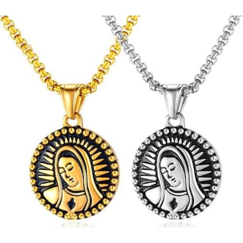 Stainless Steel Virgin Mary Christ Round Tag Pendant Necklace Fashion Religious Jewelry Gift For Him with Chain