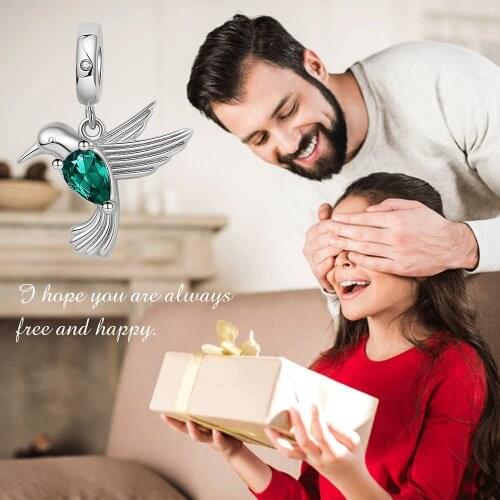 Hummingbird Charms 925 Sterling Silver Animal Birds Green Zircon Pendant Beads for Women 2021 DIY Fine Jewelry Gift Free Ship