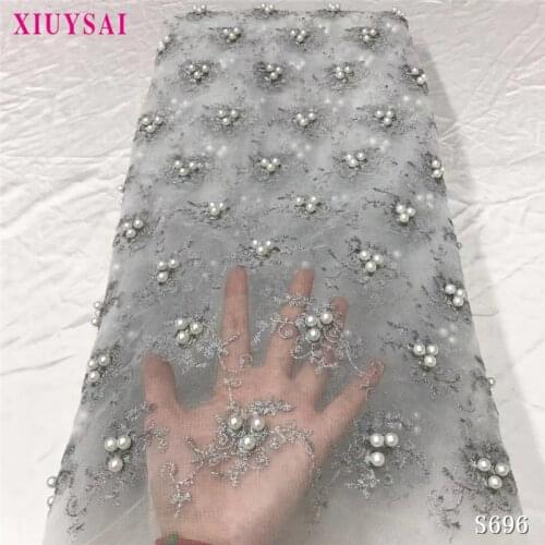 Grey 2020 African Beaded Tulle Lace Fabric High Quality Lace Material Net French Embroidery Nigeria Lace Fabric SL696