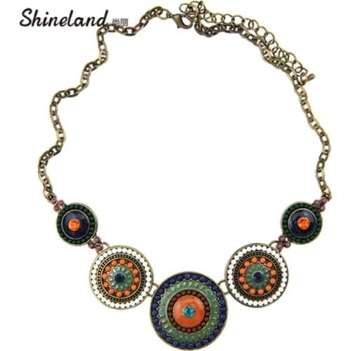 Shineland 2020 New Fashion Women Punk Antique BronzeColor Colorful Beads Pendants Chunky Chains Statement Necklace Jewelry