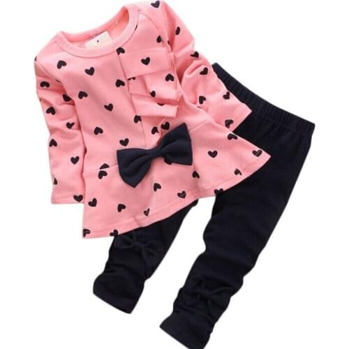 TELOTUNY newborn baby girl clothes Heart-shaped Print Bow Cute 0-2 Years Old Kids clothing Set T shirt + Pant Outfits