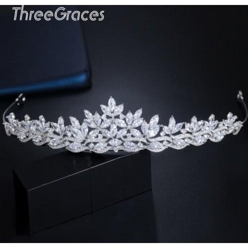ThreeGraces Sparkling Leaf CZ Crystal Elegant Princess Headdress Wedding Engagement Prom Crown Tiara Jewelry for Brides HA017