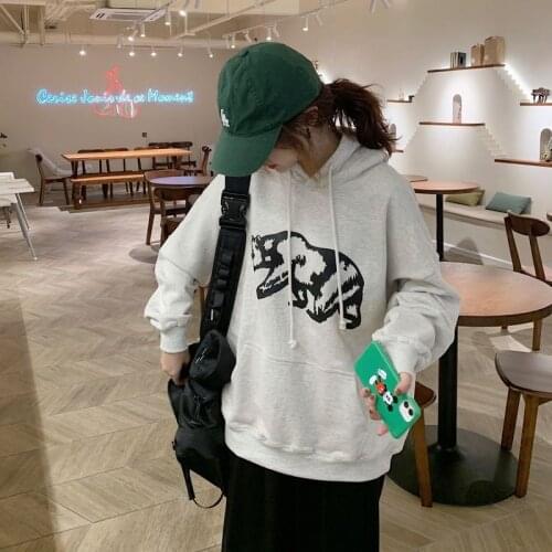 Deeptown Vintage Bear Print Hoodie Women Kawaii Graphic Sweatshirt Korean Autumn Gray Pullover Long Sleeve Casual Kpop Clothes