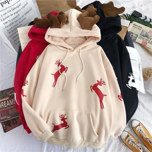 Women Winter Warm Jacket Red Korean Style Pullovers Printed Clothes 2021 New Year Gift Christmas Elk Hoodie Kawaii Sweatshirt