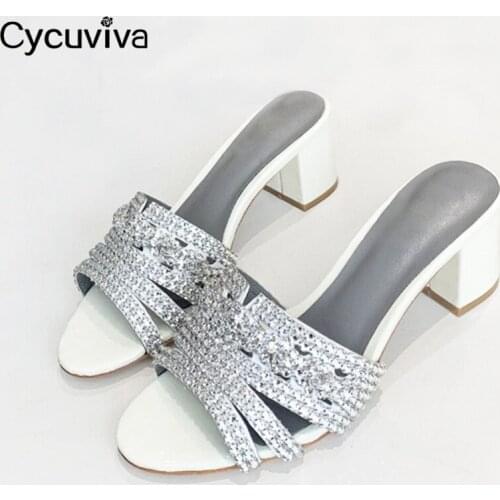 Sexy Crystal High Heel Shoes Woman Summer Sandals Chunky Heel Slippers Women Peep Toe Slides 2020 Runway Party Shoes Woman