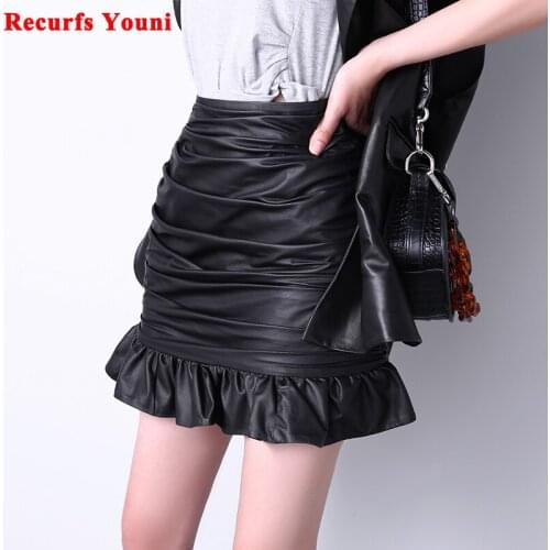 Women Mini Skirts Winter Harajuku Japanese Style Genuine Leather Fold Ruffle Tight Faldas Mujer Stylish High Boots Mermaid Jupe