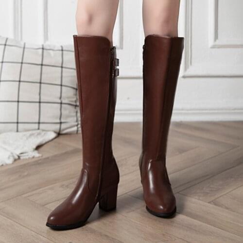 Women Knee High Boots Full Cow Leather Warm Boots Thick High Heels Motorcycle Boots Punk Shoes Woman High Boots