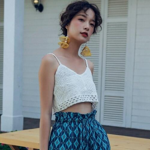 Chic Lace Hollow Knitted White Crop Tops Women Bohemian Retro Mini Camis 2021 Summer Ladies New Beach Korean Trend Streetwear