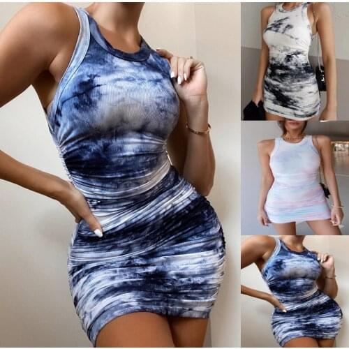 Sexy Bodycon Tie Dye Mini Woman Tank Dress 2021 Summer Club Casual Body Elasticity Party Ladies Dresses For Women Robe Femme