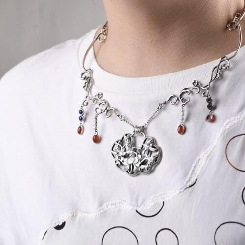 BOCAI New 100% pure S925 silver jewelry retro auspicious cloud Tang grass pattern agate lapis lazuli rich flowers women necklace