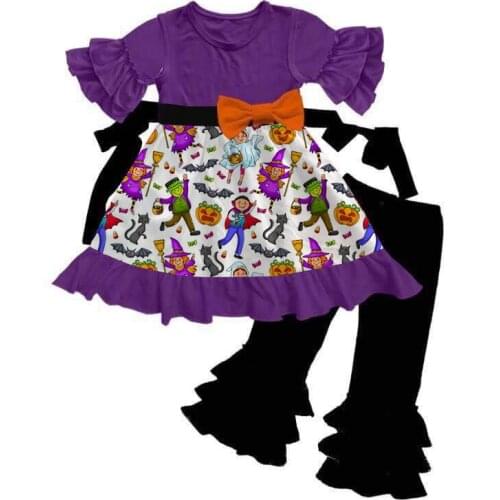 Kaiya Angel Kids Clothes 2017 Girls Clothing Sets Halloween Baby Girl Outfit Orange Dress Black Leggings Ruffle Belt Clothing