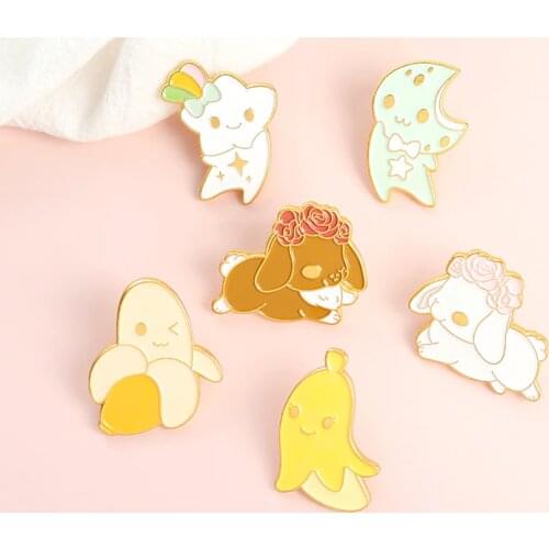 Crescent Star With Rabbit Enamel Pin Flower Crown Cheese Badges Banana Brooches Cute Fruit Animal Jewelry Gifts For Best Friends