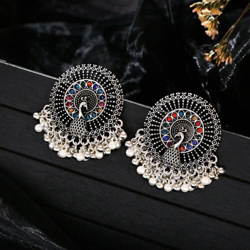 Ethnic Womens Silver Color Peacock Round Alloy Gypsy Jhumka Earrings Vintage Boho Tribe Pearl Tassel Drop Earrings Jewelry
