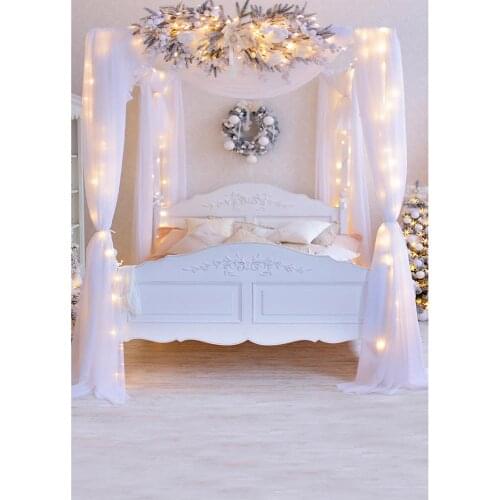 Photo Backgrounds White Bedroom Christmas Wreath Computer Printed Backdrop for Children Baby Home Photoshoot Photography Props