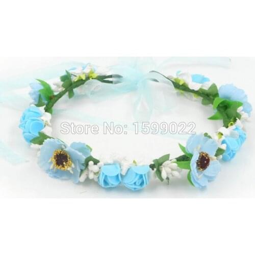 Handmade Bohemian Flower Girl Headpiece Artificial Cherry Blossom Flowers Crown Wedding Headband DIY Bridal Headwear Blue White