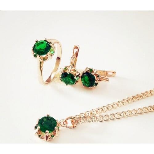 Top Fashion Jewelry Set 585 Rose Gold Color Jewelry Trendy Round Green Cubic Zircon Women Necklace Earrings Wedding Jewelry Sets