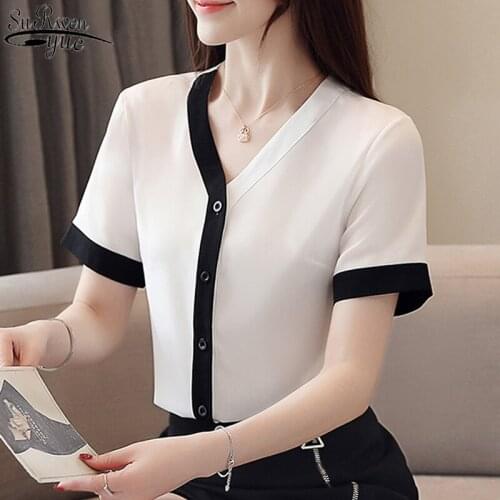 Korean Fashion Clothing Casual Short Sleeve Solid Shirt for Women Summer V Neck Women Tops White Chiffon Cardigan Blouse 9567